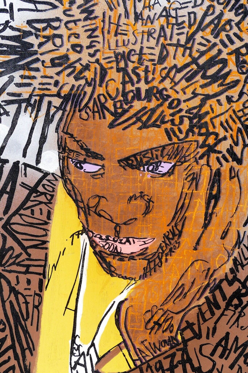 May include: A close-up of a person's face with a brown skin tone. The face is surrounded by black and orange scribbles and text. The text includes words like "lustrated", "cast", "bourg", "justice", "eventually", and "this is sam".