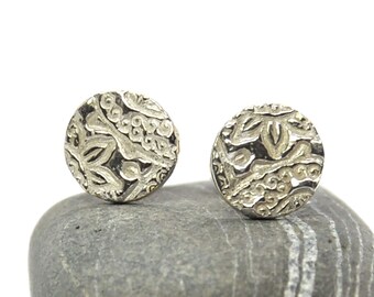 Sterling Silver Boho round patterned stud earrings. Yellow gold vermeil round stud earrings. Gift for her.