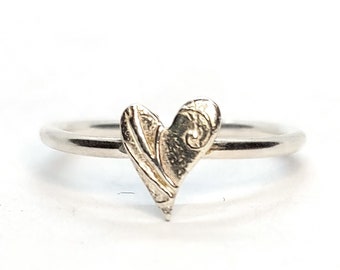 Floral Heart silver stacking ring. Sterling silver heart ring. Gift for her, valentines.