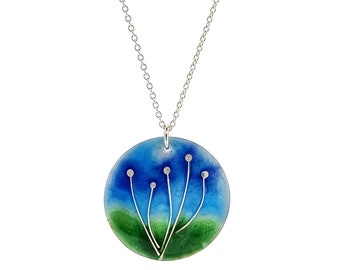 Silver & enamel floral pendant necklace. Round flower enamel pendant necklace. Gift for her.