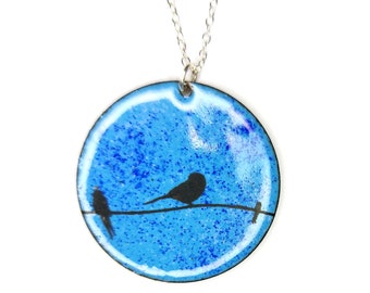 Blue Bird pendant necklace, Round blue enamel animal pendant. Gift for her.