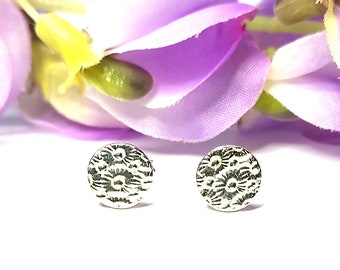 Silver flower stud earrings, floral round stud earrings, gift for her.