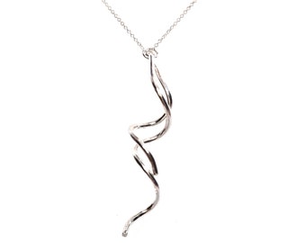 Silver Curl Pendant Necklace. 925 solid silver & gold plated. Double twist pendant. Long pendant. Swirl pendant.