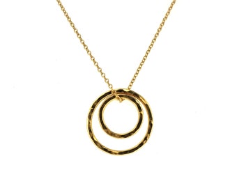 Yellow gold vermeil Double Circle pendant necklace. Hammered circle necklace. Gift for her.