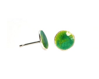 Silver green mix enamel Rockpool round stud earrings. Sterling silver green enamel handmade stud earrings.