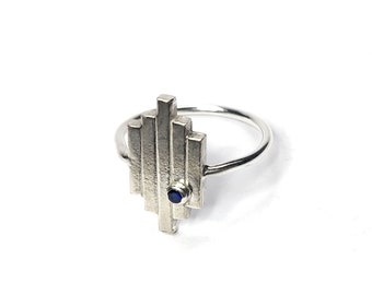 Art Deco inspired ring Handmade geometric gemstone ring Gift for her. Silver Skylines ring with ruby or sapphire