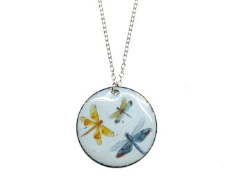 Grey Enamel Dragonfly Round Pendant. Pendant with dragonflies. Enamel pendant. Animal pendant. Dragonfly necklace. Gift for her.