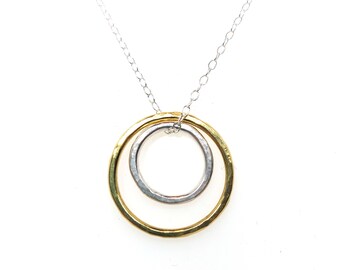 Silver and gold circle pendant necklace, two-tone handmade necklace, mother and child present, gift for her.