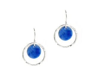 Silver & blue/turquoise circle drop earrings. 925 sterling silver and enamel dangle earrings. Gift for her.