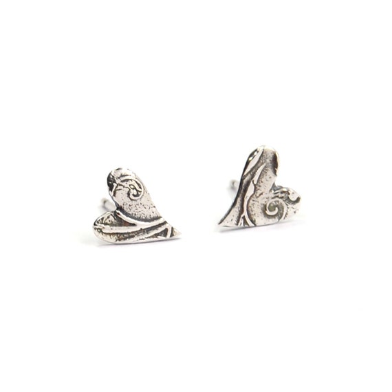 Silver Heart Stud Earrings. Floral heart earrings. Asymmetric heart studs. 925 silver. Love earrings. Heart earrings. Anniversary gift.