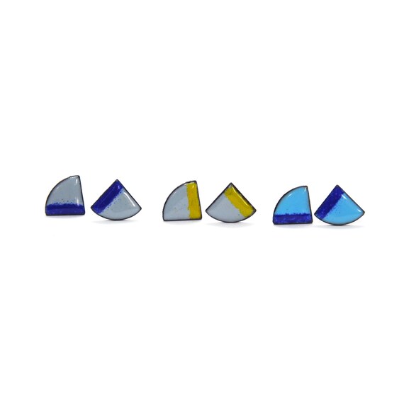 Brightly coloured enamel stud earrings. Blue yellow grey red stud earrings. Fan shaped stud earrings. Vibrant earrings. Cute stud earrings.