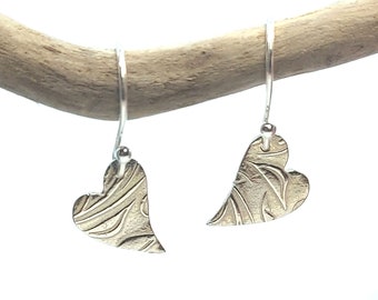 Silver Heart Drop Earrings. Heart dangle earrings. Gift for loved one. Heart jewellery. Floral heart. Asymmetric heart earrings.