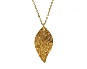 Yellow gold vermeil Boho pendant necklace. Yellow gold asymmetrical necklace. Gift for her.