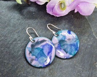 Colourful round drop earrings. Blue, green, white, purple, yellow, enamel dangly earrings. Gift for her.