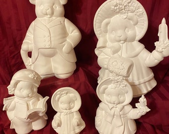 Ceramic Bisque~Christmas Bears~Set of 5~Clay Magic Mold Co~U-Paint~Ready to Paint