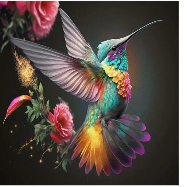 Vibrant Hummingbird Diamond Art Kit, Bird Diamond Painting Kit, Gift Idea, Bird Wall Decor, Hibiscus Diamond art, Floral Wall Decor