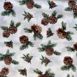 Christmas Cotton Fabric, Fat Quarter, By the Yard, quilting fabric, Pinecones fabric, winter fabric, Holly fabric, white holiday fabric