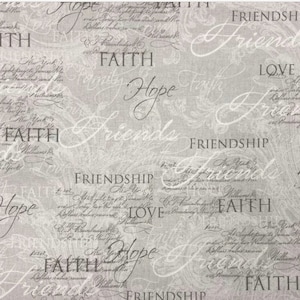 Faith Cotton Fabric, Fat Quarter, By the Yard, Light gray fabric, quilting fabric, inspirational fabric, Christian fabric