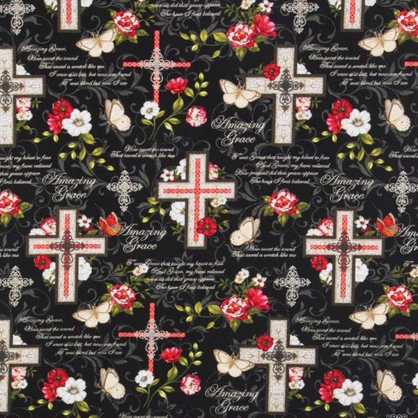 Amazing Grace Black Cotton Fabric Fat Quarter or By the Yard, Crosses fabric, quilting fabric, faith fabric, inspirational fabric, Christian