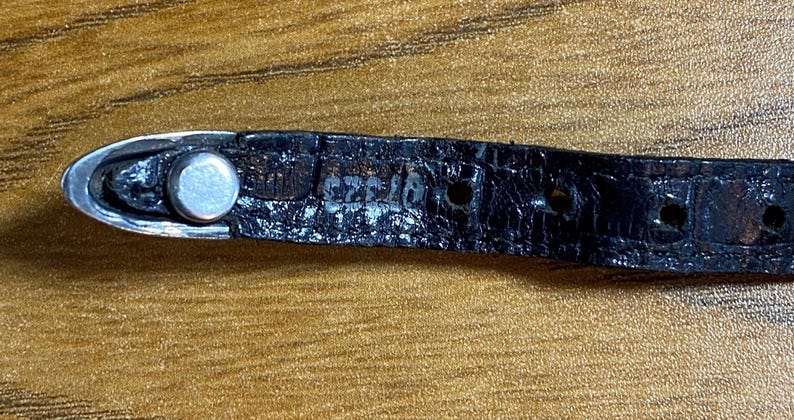 May include: Close-up of a black leather watch strap with a silver buckle. The strap has a textured surface and the buckle has a small, round, silver button.