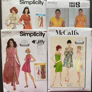 May include: A collection of vintage sewing patterns from Simplicity and McCall's. The patterns feature illustrations of dresses and other garments from the 1960s and 1970s. The patterns include the text "Jiffy Knits" and "Vintage".