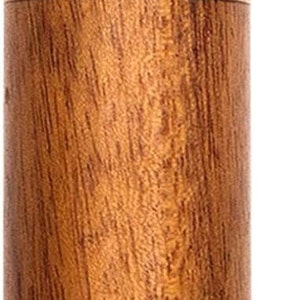 May include: A wooden toothpick holder with a cylindrical shape and a rounded top. The holder is made of a rich, dark brown wood with visible grain patterns. A thin, gold-colored band encircles the middle.