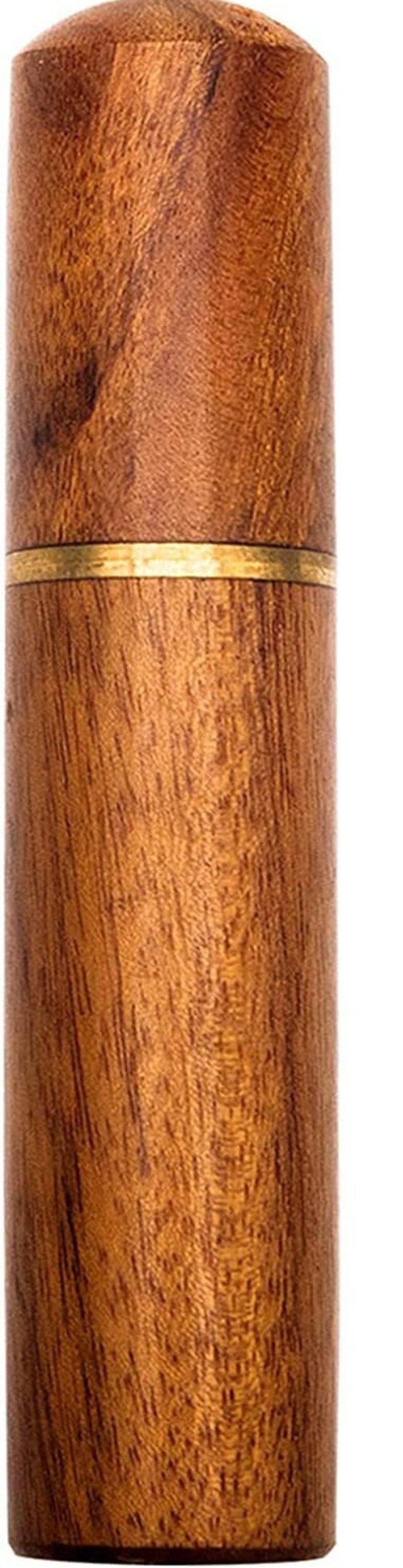 May include: A wooden toothpick holder with a cylindrical shape and a rounded top. The holder is made of a rich, dark brown wood with visible grain patterns. A thin, gold-colored band encircles the middle.