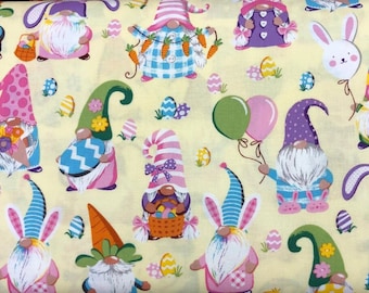 Gnomos de Pascua Tela de algodón, Fat Quarter, cortado a medida, tela acolchada, tela de Pascua, tela de vacaciones, tela de huevo de Pascua, tela amarilla