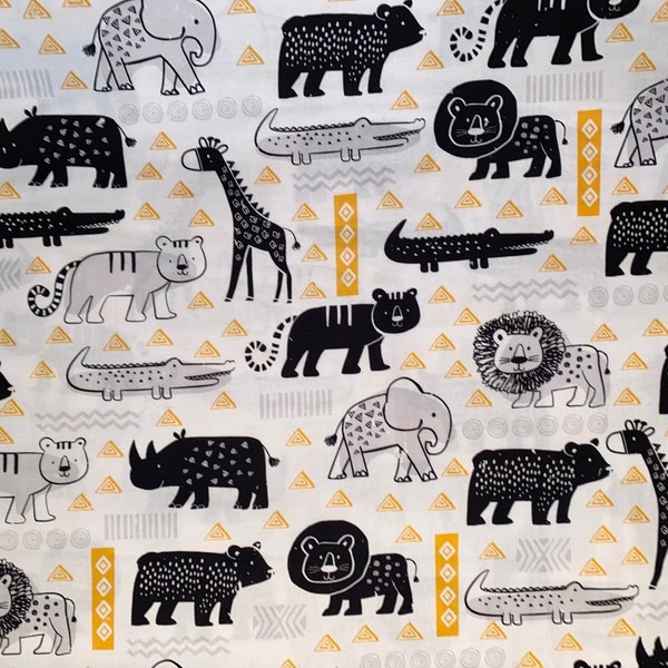 Animals Cotton Fabric Fat Quarter, By the Yard, lion fabric, quilting fabric, alligator fabric, White fabric, Rhino fabric