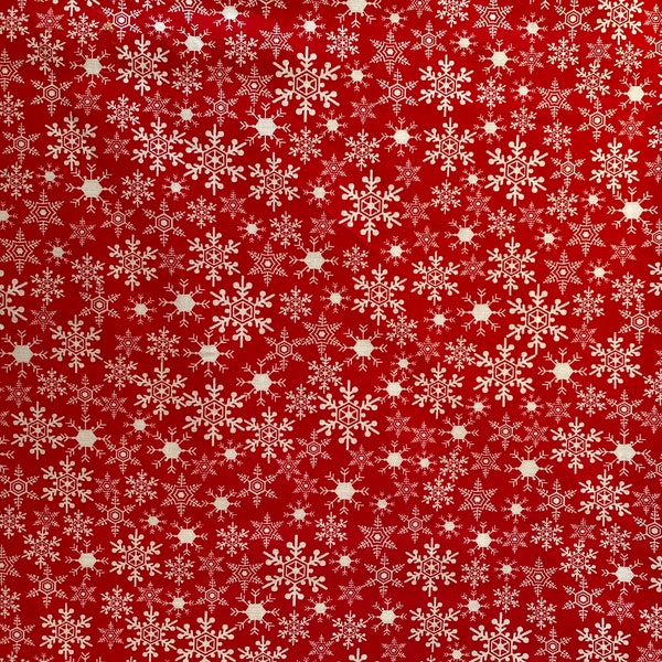 Noel & Snowflakes on Red Christmas Cotton Fabric, Fat Quarter or Half Yard, quilting fabric, Christmas fabric, red fabric, snowflake fabric