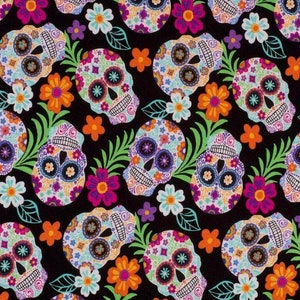 Tropical Sugar Skull Cotton Fabric Fat Quarter, By The Yard, Day of the Dead, Dia De Los Muertos, Halloween, quilting fabric, floral fabric