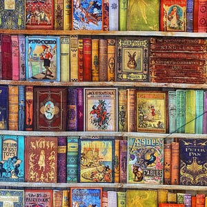 May include: A collection of vintage books with colorful spines and illustrated covers. Titles include "Pinocchio," "Cinderella," and "Peter Pan." The books are arranged on wooden shelves, creating a classic library aesthetic.