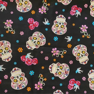 Sugar Skull Cotton Fabric Fat Quarter, By The Yard, Day of the Dead, Dia De Los Muertos, Glitter Halloween quilting fabric, floral fabric