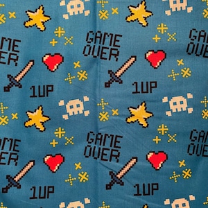 Game Over Video Game Cotton Fabric 1/4 Yd., Fat Quarter, Remnant, quilting fabric, game over fabric, heart fabric, blue fabric