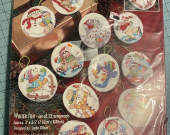 Bucilla "Winter Fun" Cross Stitch Kit #83442, each ornament is 3" x 3 1/2", Set of 12, Christmas ornaments, Snowman, Penguin, Bear