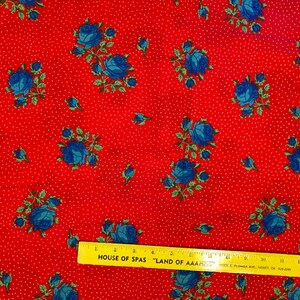 Red Floral Cotton Fabric, 1 yd 13”, quilting fabric, Red fabric, Polkadot fabric, Blue Flowers fabric, Vintage Fabric