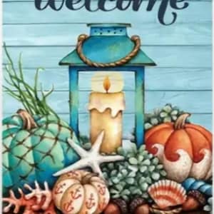 May include: A decorative sign with the word "Welcome" in script. The image features a blue lantern with a lit candle, pumpkins, seashells, and a starfish. The background is a blue wooden plank design.