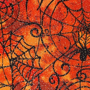 Halloween Glitter Spider Cotton Fabric, Fat Quarter, By the Yard, Orange quilt fabric, spider fabric, Halloween fabric,  spiderweb fabric