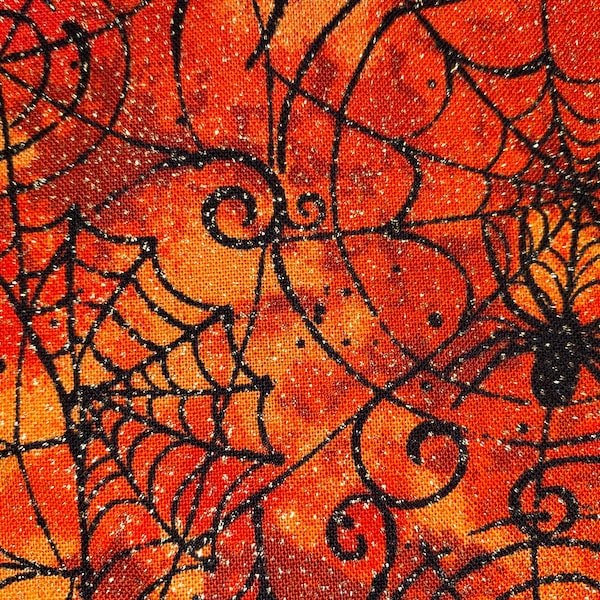 Tissu de coton Halloween pailleté araignée, Fat Quarter ou Quarter Yard, tissu de courtepointe, tissu d'araignée, tissu d'Halloween, tissu de toile d'araignée