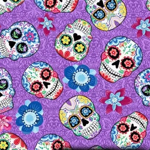 Sugar Skull Cotton Fabric, 1 Yard 33&quot; Piece, Day of the Dead, Dia De Los Muertos, Halloween, purple quilting fabric, floral fabric
