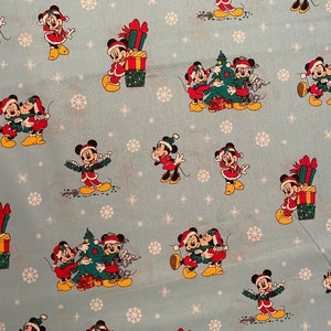 Mickey Mouse Fabric, Mickey & Minnie Christmas Day Cotton Fabric, Fat Quarter, By the Yard, Disney fabric, Minnie fabric, snowflakes