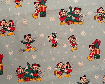 Mickey Mouse Fabric, Mickey & Minnie Christmas Day Cotton Fabric, Fat Quarter, By the Yard, Disney fabric, Minnie fabric, snowflakes