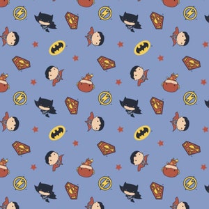 May include: A light blue fabric featuring a repeating pattern of cartoon superheroes. The design includes Batman, Superman, and The Flash, along with their logos and red stars. The characters are in a cute, chibi style.