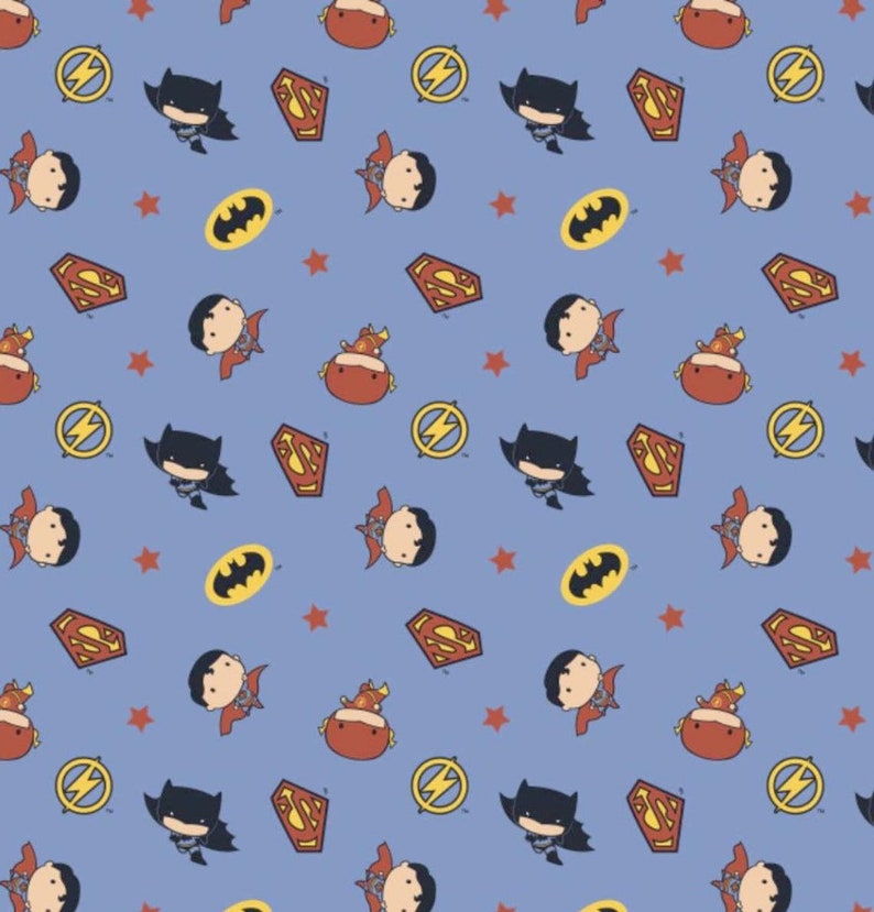 May include: A light blue fabric featuring a repeating pattern of cartoon superheroes. The design includes Batman, Superman, and The Flash, along with their logos and red stars. The characters are in a cute, chibi style.