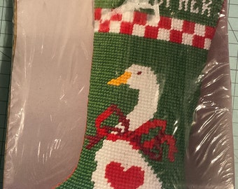 Bernat Sixpoint Stocking Kit, “Christmas Goose” stocking kit, vintage needlepoint kit, goose needlepoint kit