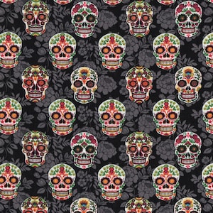 Sugar Skull Cotton Fabric Fat Quarter, By The Yard, Day of the Dead, Dia De Los Muertos, Halloween, quilting fabric, floral fabric