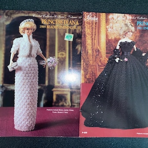 2 Princess Diana Crochet Collector Costume Leaflets, 1981 Engagement Dress, 1989 Beaded Evening Suit, crochet patterns