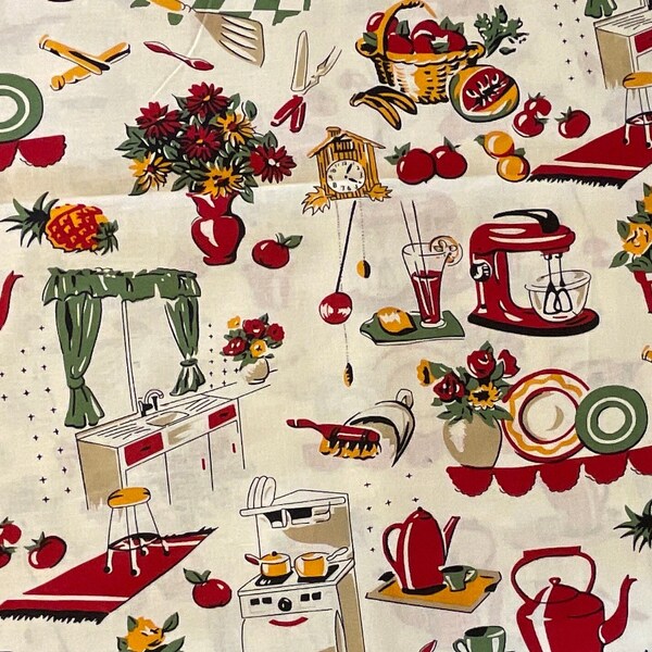 Fifties Kitchen Cotton Fabric, Fat Quarter, By the Yard, quilting fabric, floral fabric, stove, tea pot, dishes, retro fabric