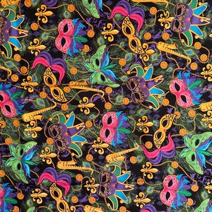 Mardi Gras Masquerade Mask Fabric, New Orleans Fabric, Fat Tuesday,  Carnival Fabric, Saxophone, Fleur De Lis Fabric 