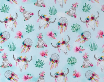 Cow Skull, Dreamcatcher Cotton Fabric Fat Quarter or By the Yard quilting fabric, Cactus fabric, Teepee fabric, floral boho fabric fabric